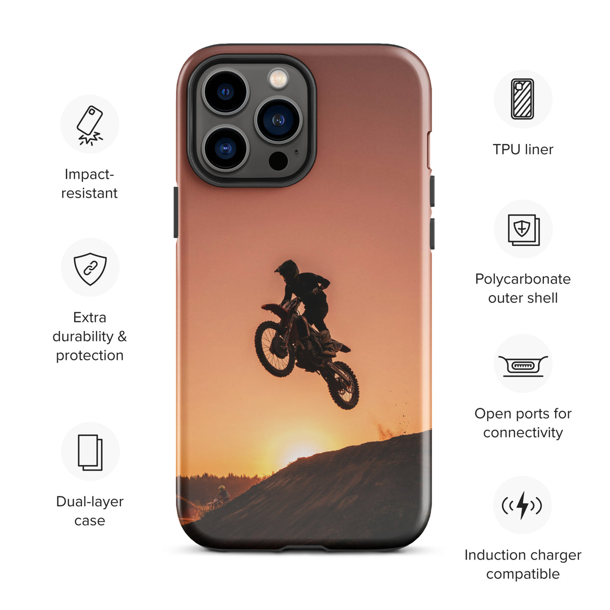 Phone Case for iPhone with motocross sunset dirt bike design featuring a dramatic jump against a golden sunset background.