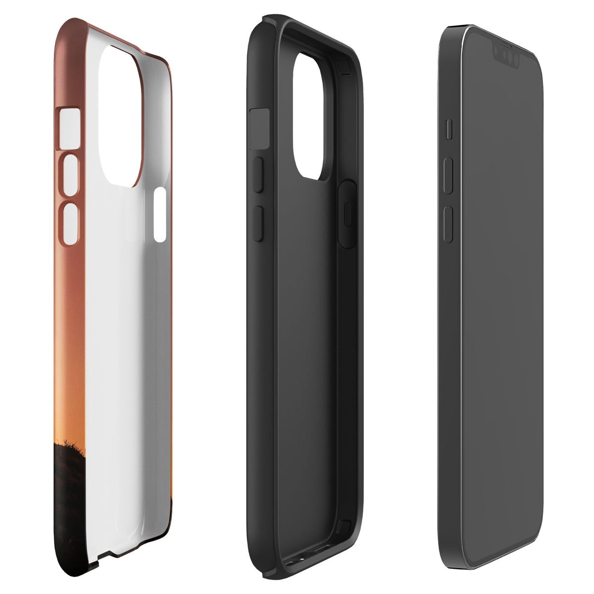 Phone Case for iPhone with motocross sunset dirt bike design in copper, burnt orange, gold, and black colors.