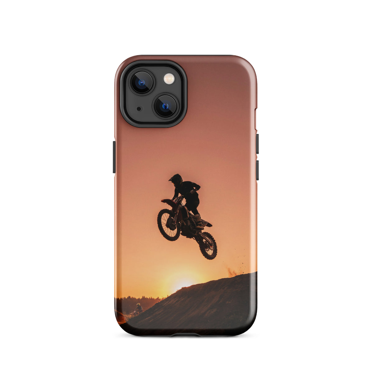 Phone Case for iPhone with motocross sunset dirt bike design, showcasing a rider silhouetted against a glowing orange and black sunset.