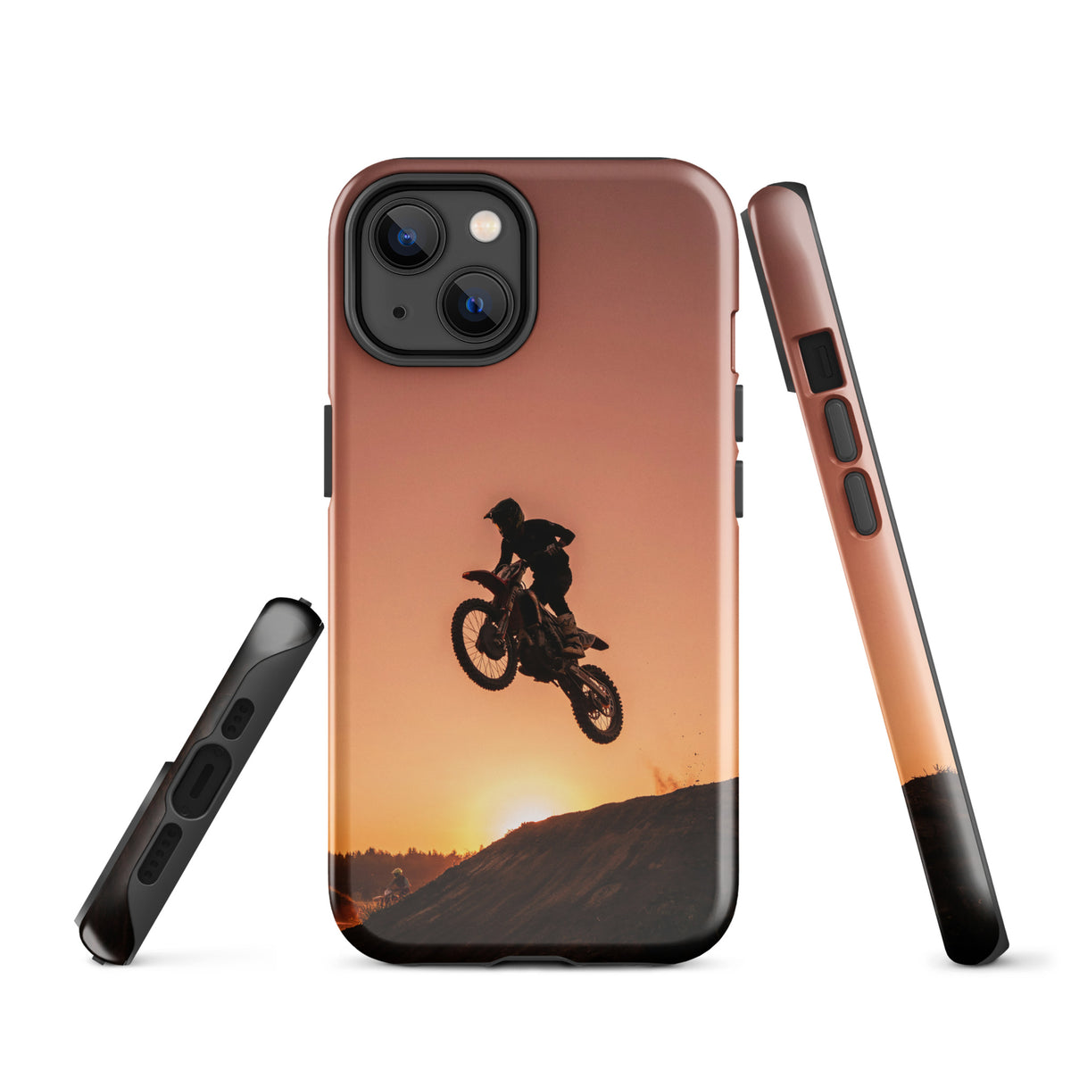 Phone Case with motocross sunset dirt bike design for iPhone, featuring a dramatic silhouette against a glowing sky. Model xx224.
