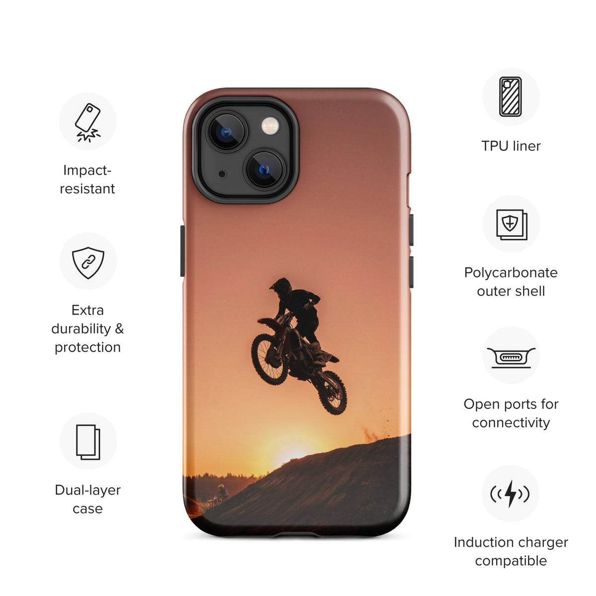 Phone Case for iPhone with dirt bike motocross sunset design, featuring a silhouetted jump against a vibrant orange and copper backdrop.