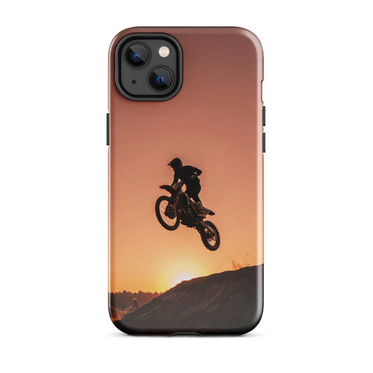 Phone Case for iPhone with motocross sunset dirt bike design, featuring a biker silhouette against a vibrant sunset.
