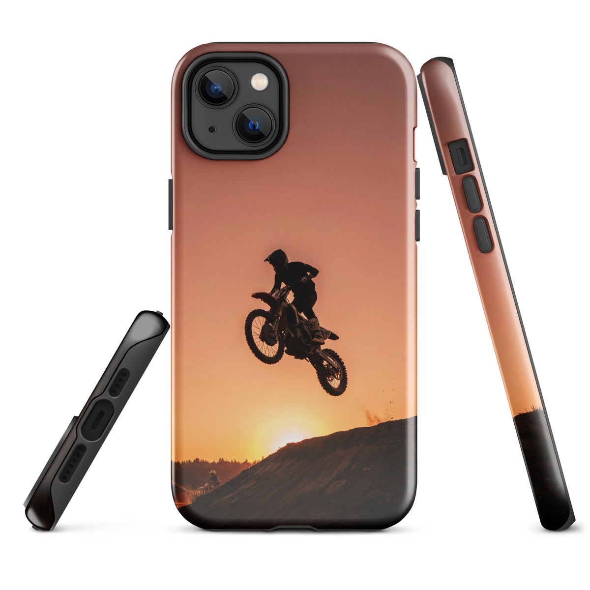Phone Case with motocross sunset design, featuring a dirt bike silhouette against a colorful sky. Compatible with iPhone. Model xx224.