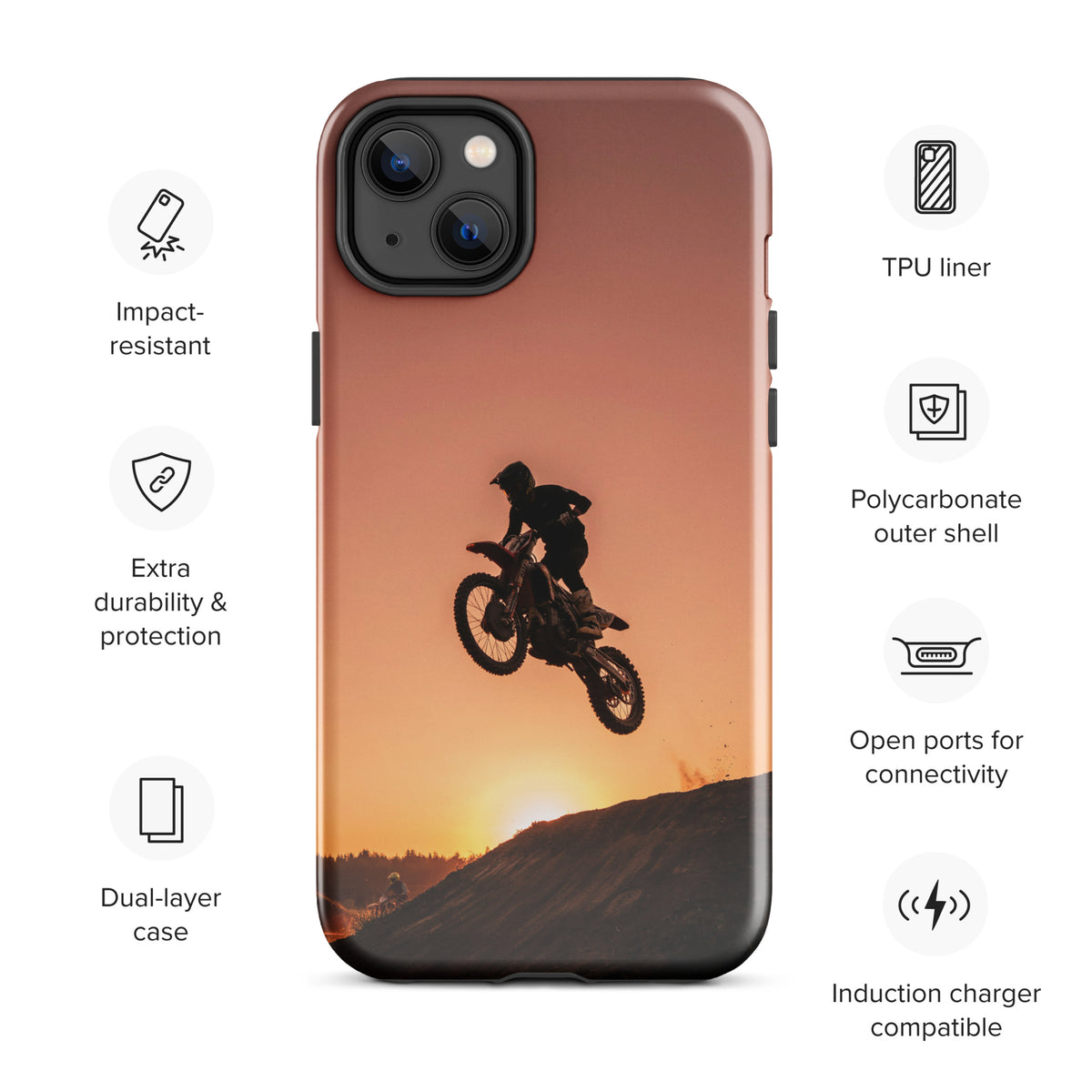 Phone Case for iPhone with motocross design featuring dirt bike jump against a sunset, showcasing durability icons and features.