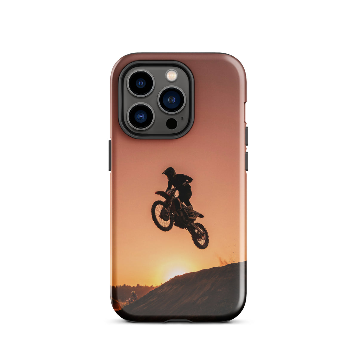 Phone Case featuring motocross dirt bike jump silhouette against sunset, perfect for thrill-seekers and bike enthusiasts.