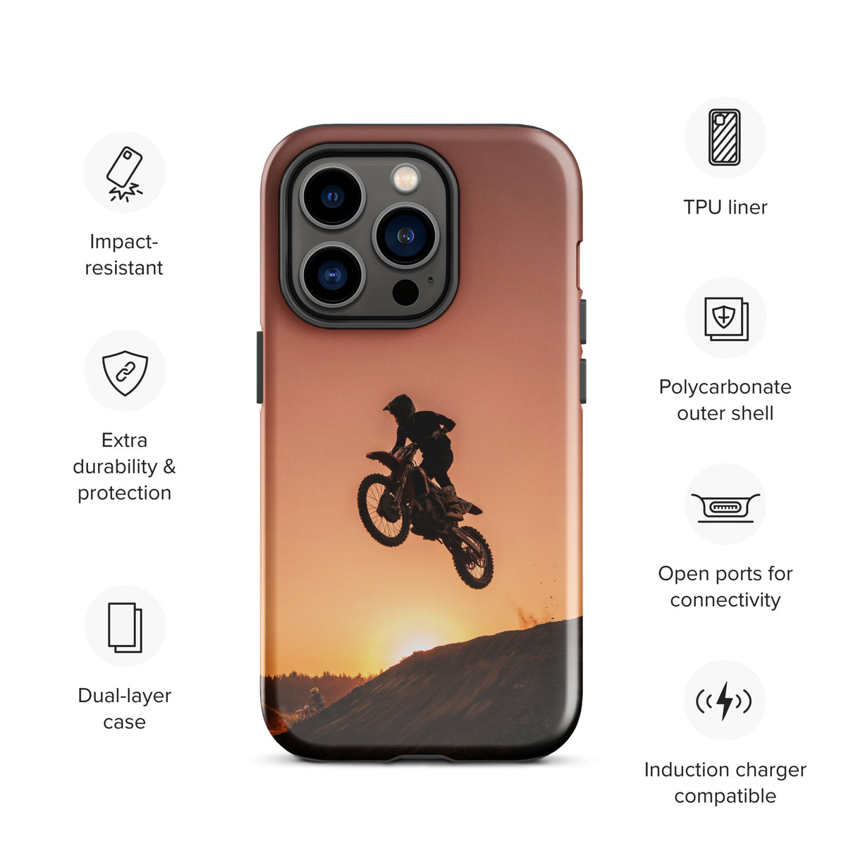 Phone Case for iPhone with motocross dirt bike and sunset design, impact-resistant, dual-layer, induction charger compatible