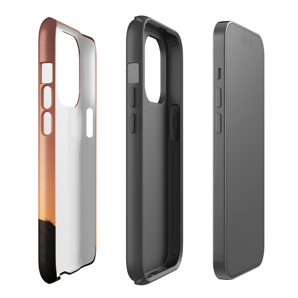 Phone Case for iPhone with motocross sunset design showcasing dirt bike silhouette on three different angles.