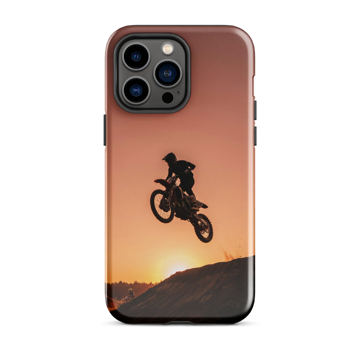 Phone Case for iPhone with motocross dirt bike design at sunset, showcasing a dramatic jump against copper and black hues.