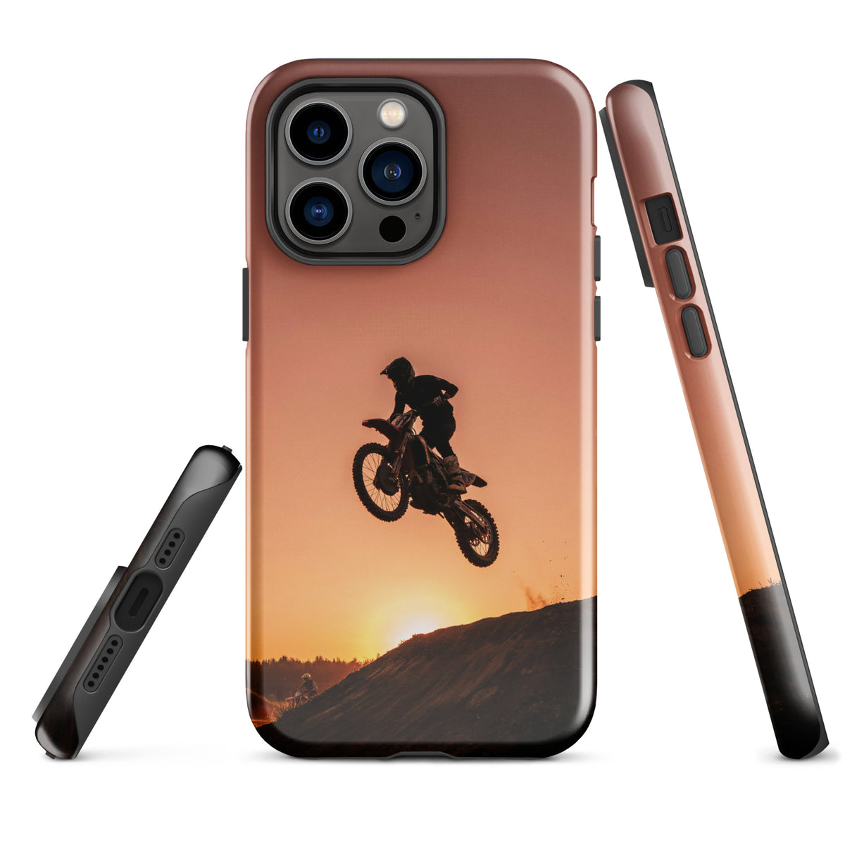 Phone Case for iPhone with motocross dirt bike jump design against a sunset background, rugged style in copper, orange, gold hues.