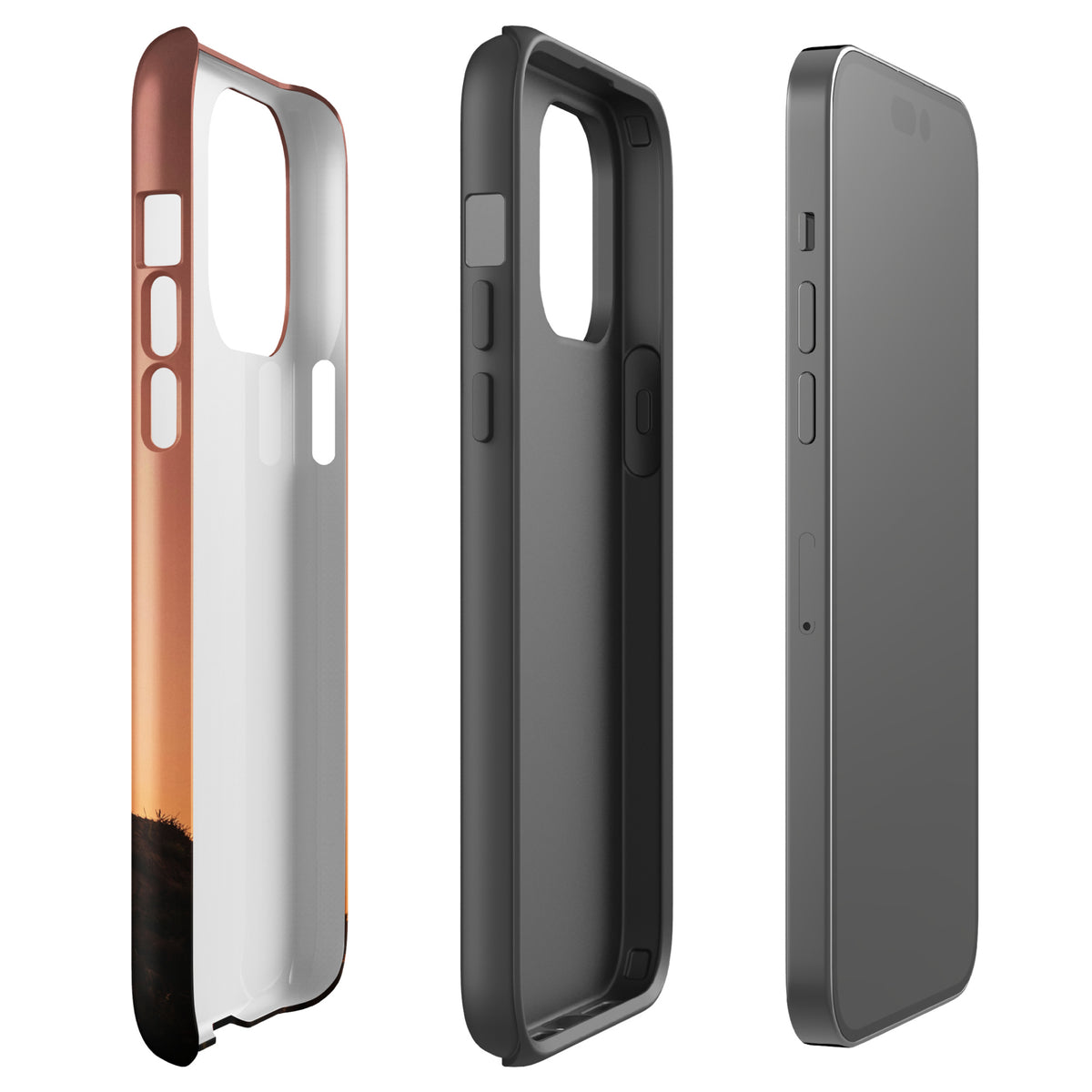Phone Case with motocross sunset dirt bike design for iPhone, showcasing rugged copper, orange, and black colors, side and back view.