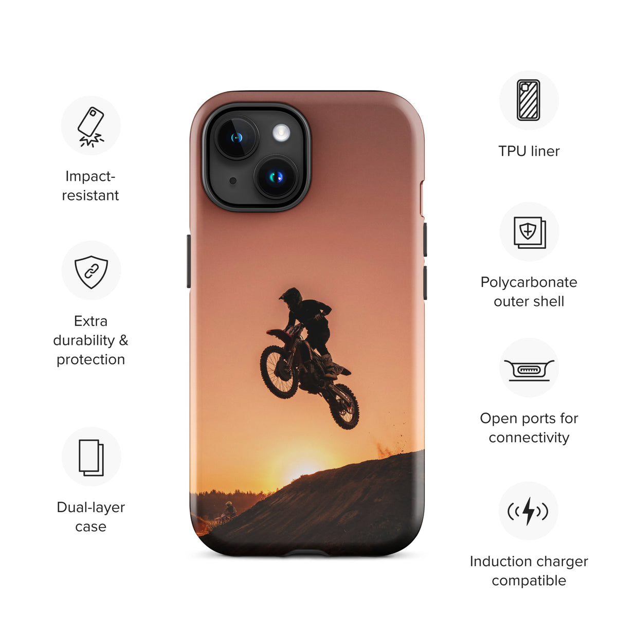 Phone Case for iPhone with motocross dirt bike jump at sunset design, featuring shades of copper, gold, and black for adventure lovers.