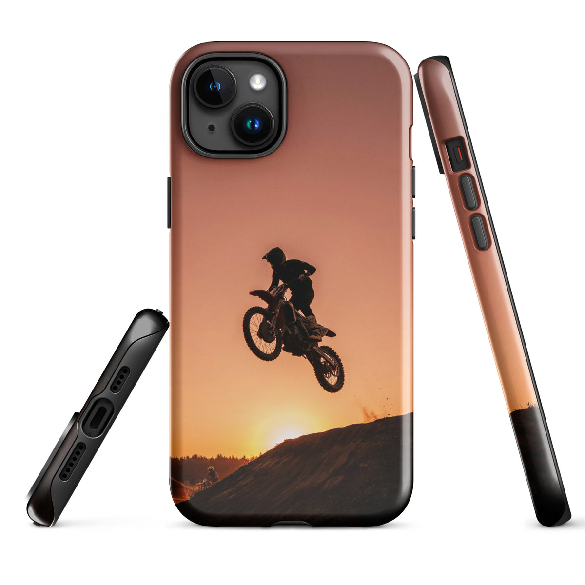 Phone Case for iPhone with motocross sunset dirt bike design, featuring a silhouette of a jumping bike against a copper sunset.