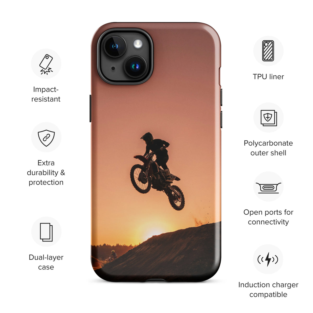 Phone Case for iPhone with motocross sunset dirt bike design in orange and black, featuring impact resistance and dual-layer protection.
