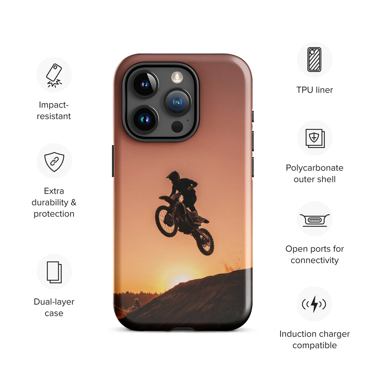 Phone Case for iPhone with motocross dirt bike design against sunset, showcasing durability and stylish protection. xx224
