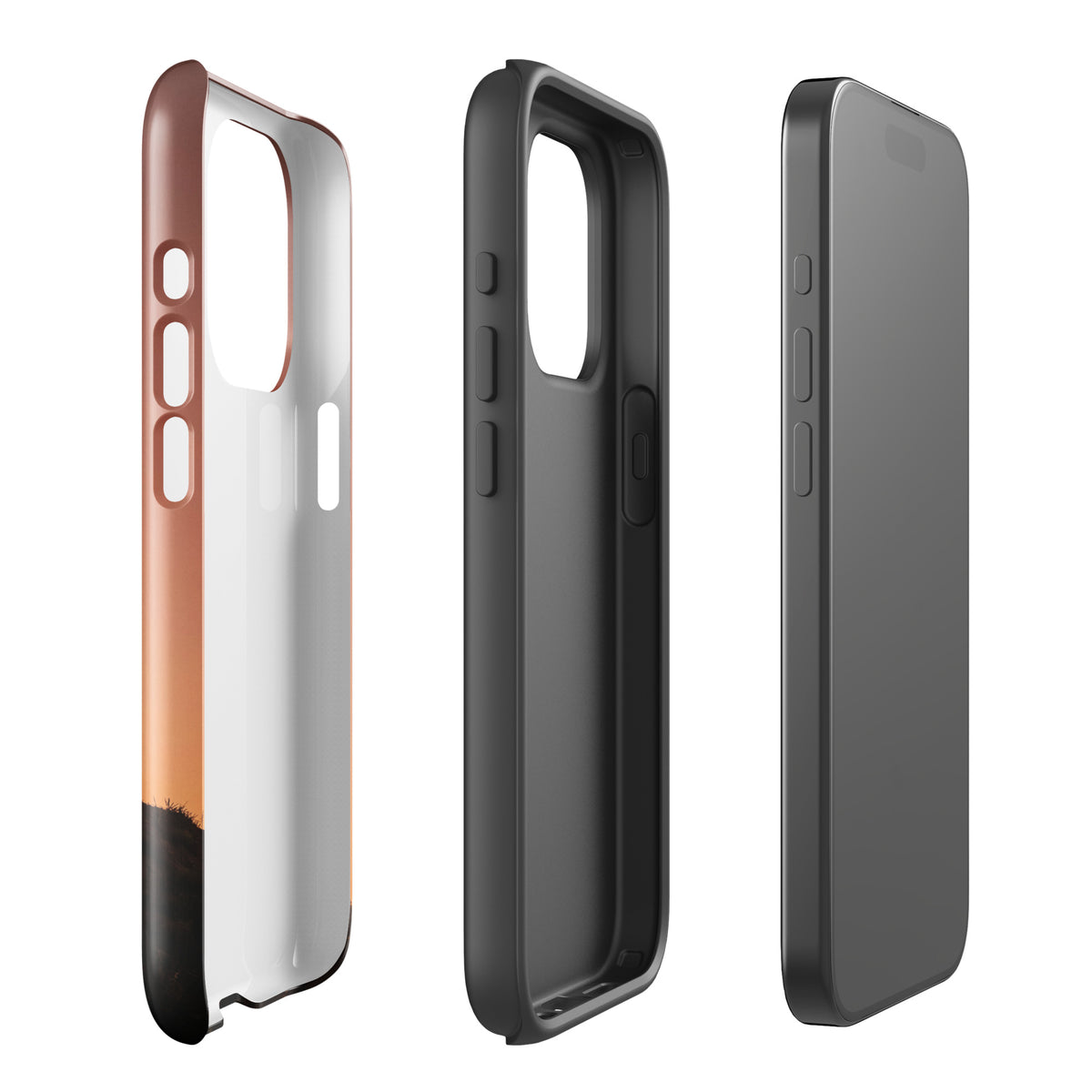 Phone Case for iPhone with Motocross Sunset Dirt Bike Design in orange and black colors, showcasing rugged adventure style.