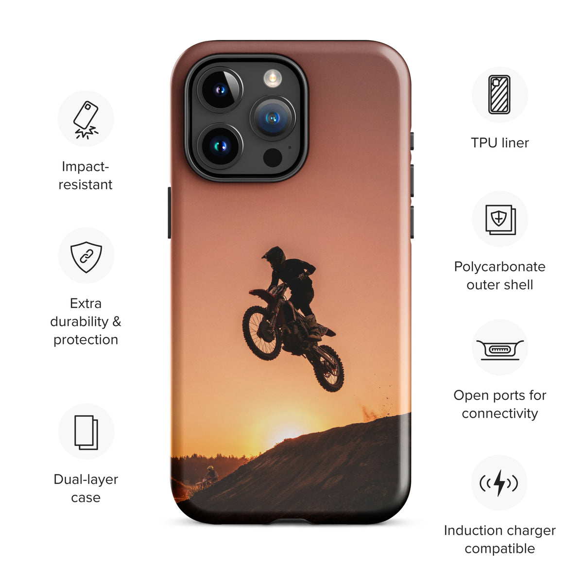 Phone Case for iPhone featuring motocross dirt bike jump against sunset, highlighting rugged design in copper and burnt orange tones.