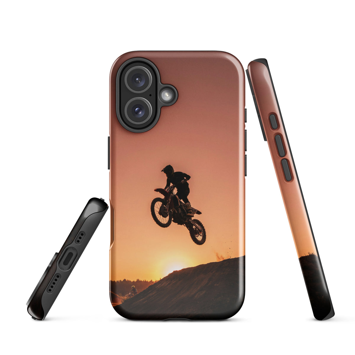 Phone Case for iPhone featuring motocross dirt bike silhouette against sunset, rugged design with shades of copper and orange.