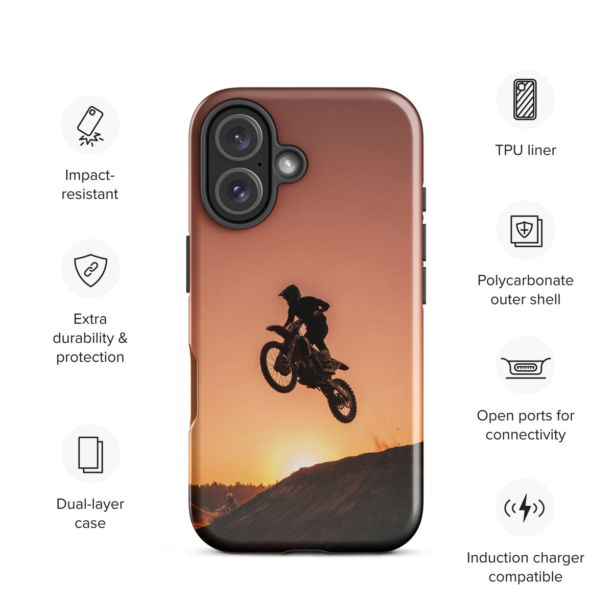 Phone Case for iPhone with motocross sunset dirt bike design in copper, orange, and gold against a glowing sunset background.