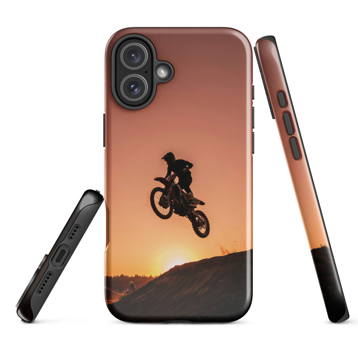 Phone Case for iPhone featuring motocross sunset dirt bike design with dramatic jump silhouette, copper, orange, and black colors.
