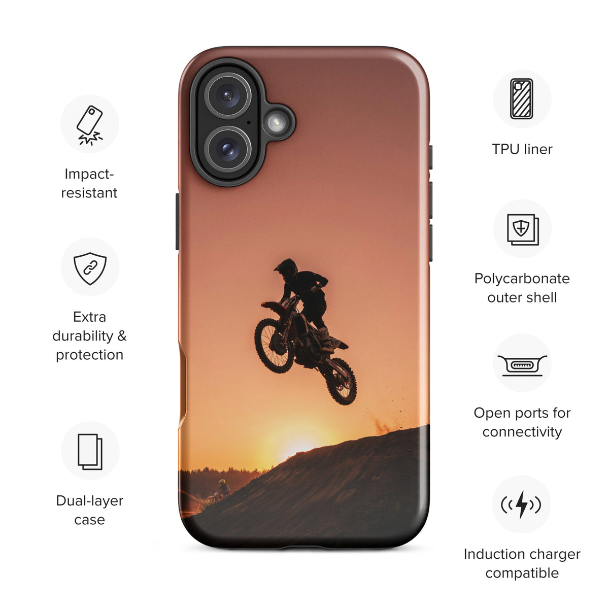 Phone Case for iPhone with motocross sunset design featuring a dirt bike jump against a warm orange sunset, rugged and durable style.