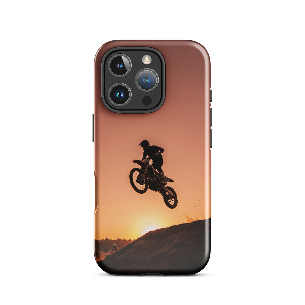 Phone Case for iPhone with motocross sunset dirt bike design, showcasing a dramatic jump against a glowing sunset in warm shades.
