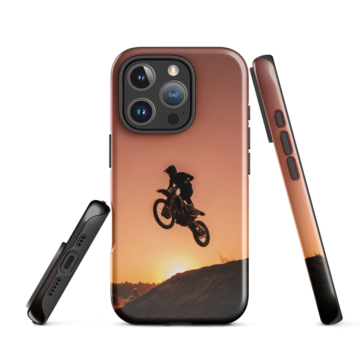 Phone Case for iPhone with motocross sunset dirt bike design, featuring a dramatic bike jump against a glowing sunset background.