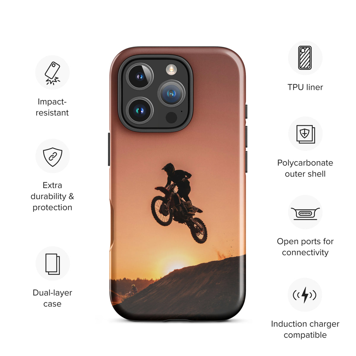 Phone Case for iPhone with Motocross Sunset Dirt Bike Design featuring dramatic jump against a glowing sunset background.