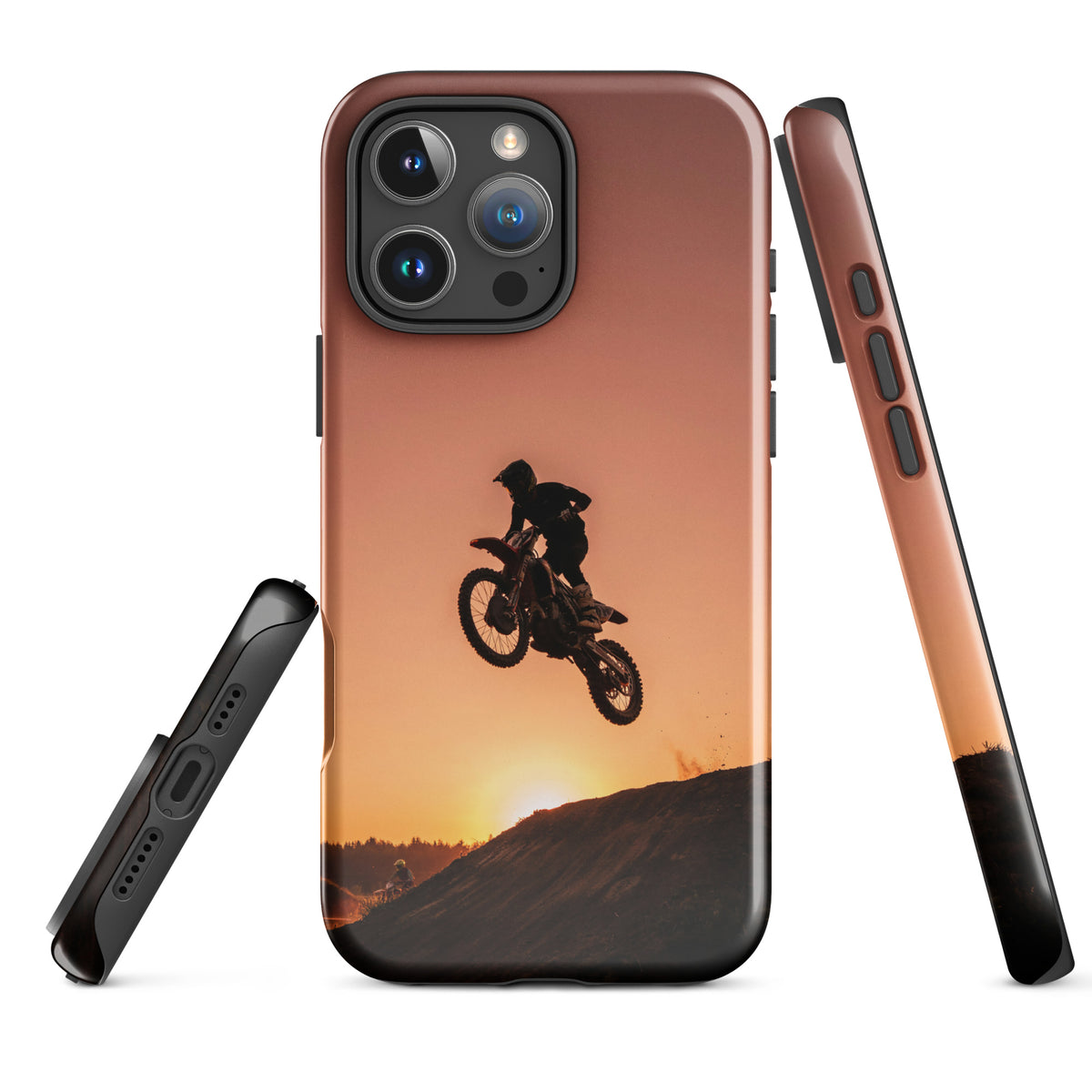 Phone Case for iPhone featuring a motocross rider silhouetted against a sunset, ideal for dirt bike enthusiasts. Code: xx224.