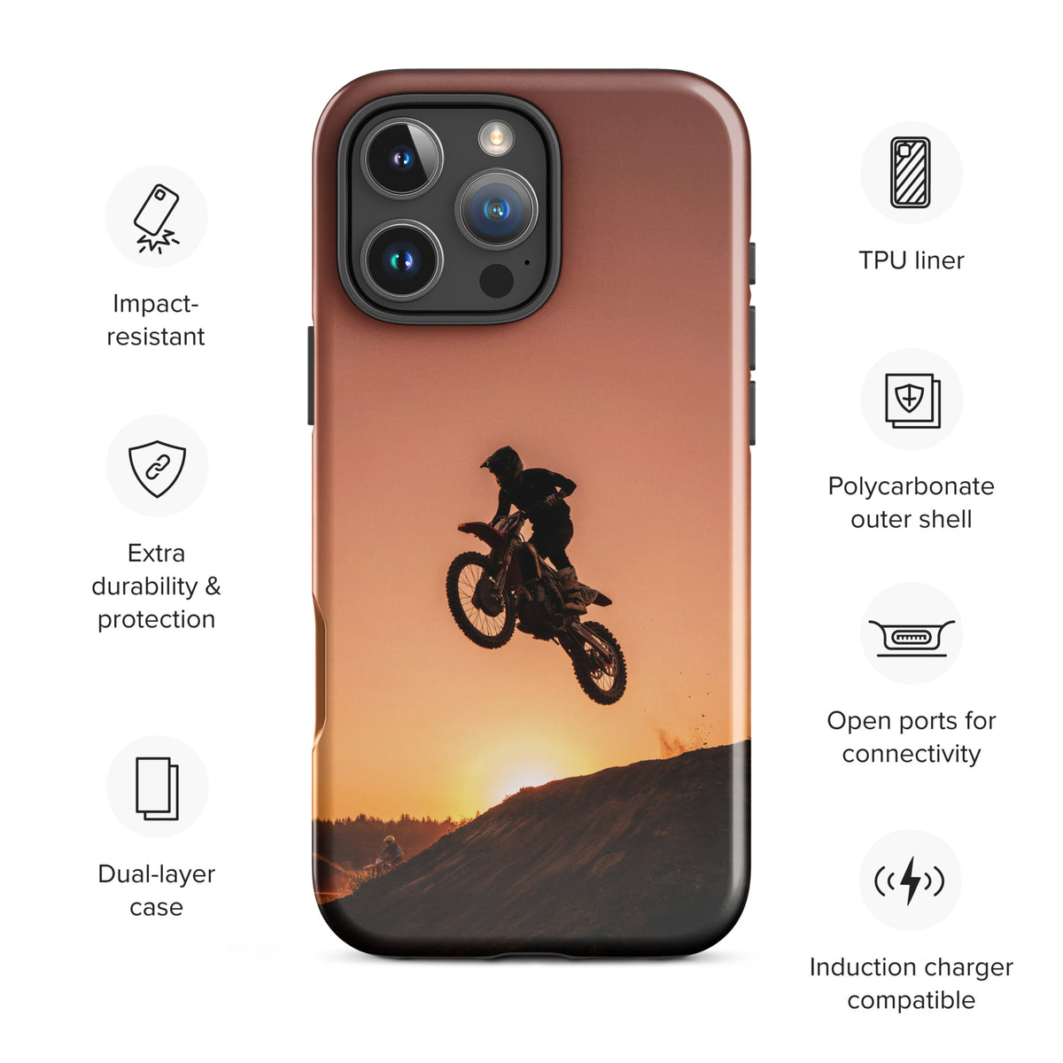 Phone Case for iPhone featuring motocross design with dirt bike jumping against a sunset. Impact-resistant and dual-layer protection.