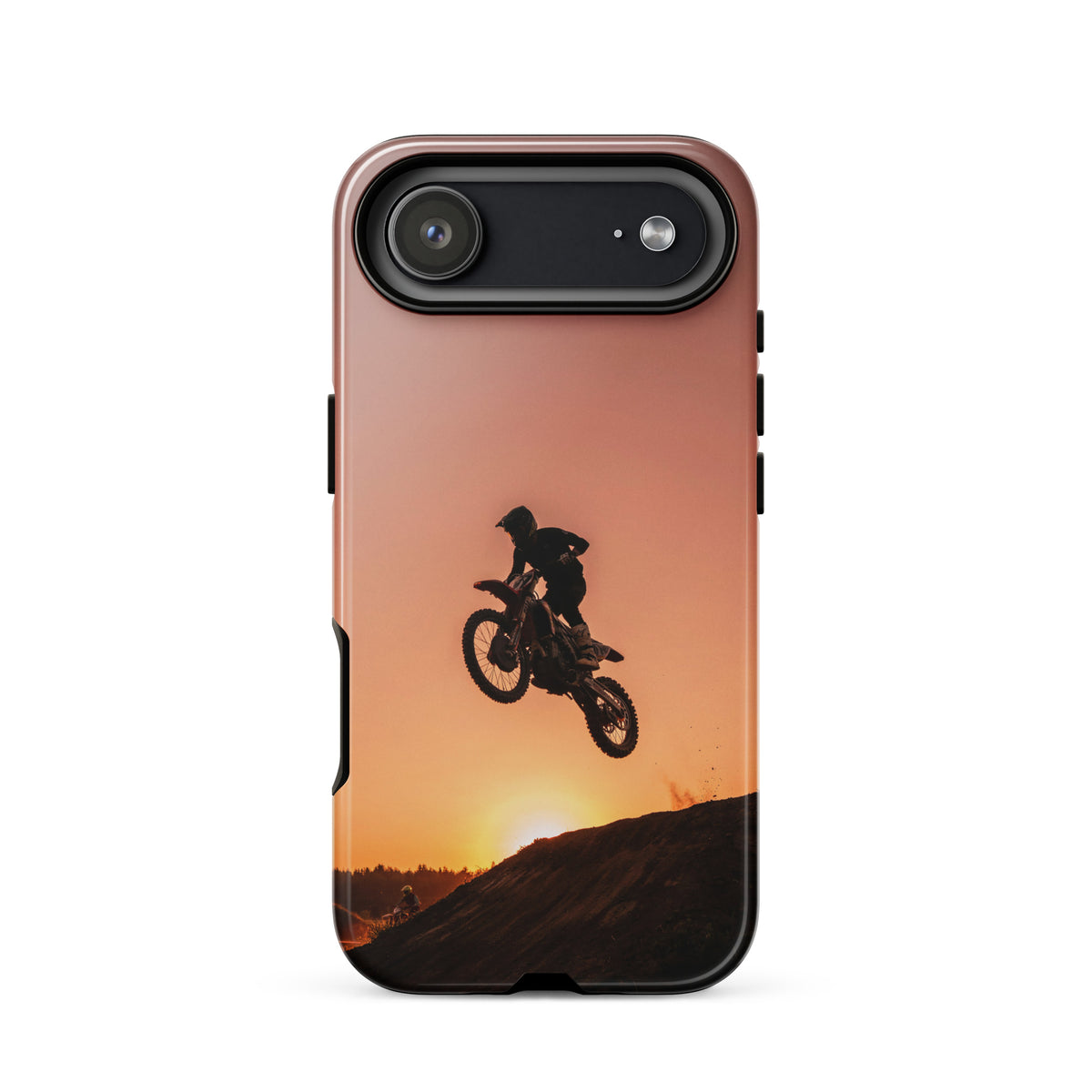 Phone Case for iPhone featuring motocross dirt bike jumping against sunset. Rugged design in copper, orange, gold, and black.
