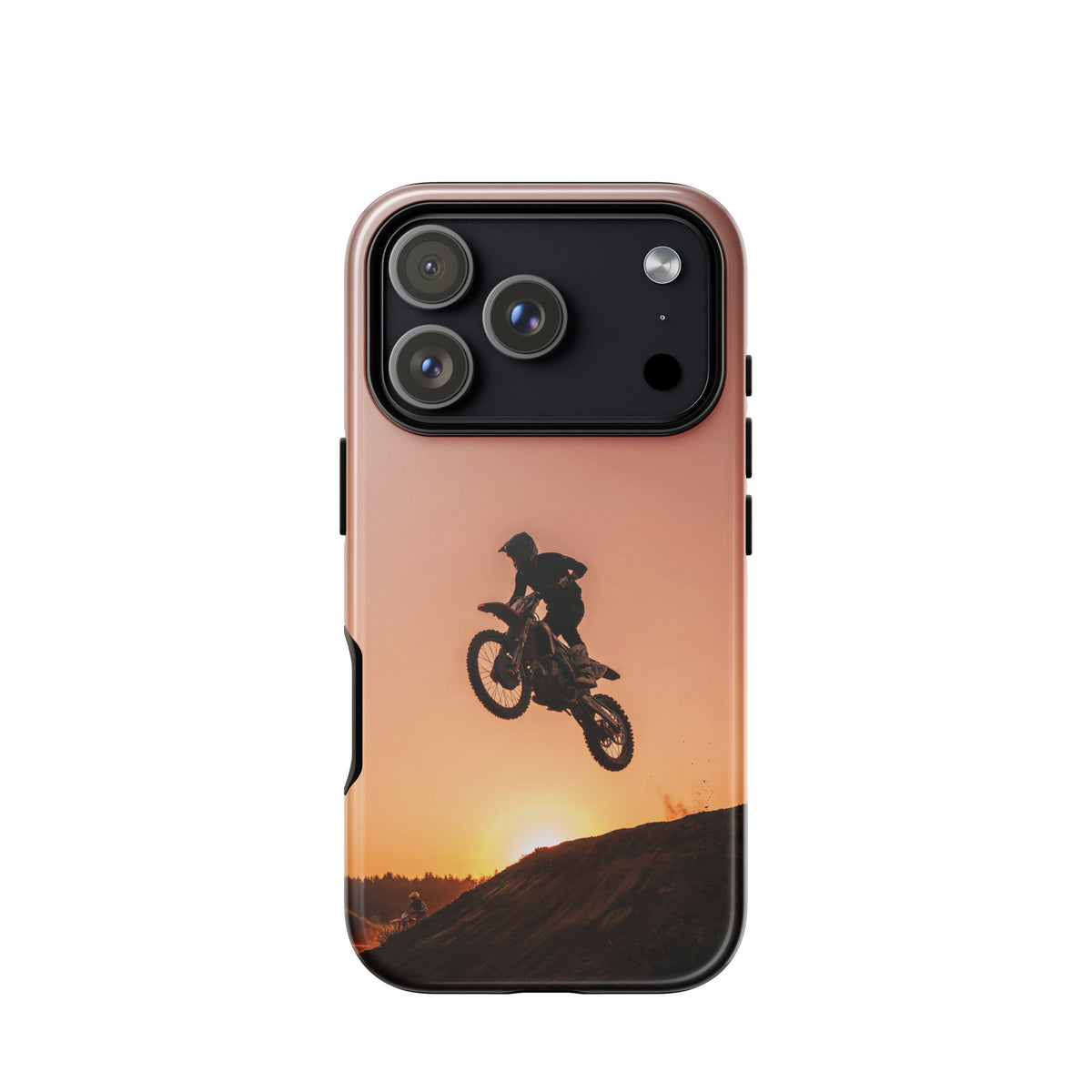 Phone Case for iPhone with motocross sunset dirt bike design, featuring silhouette of bike jump against a sunset background