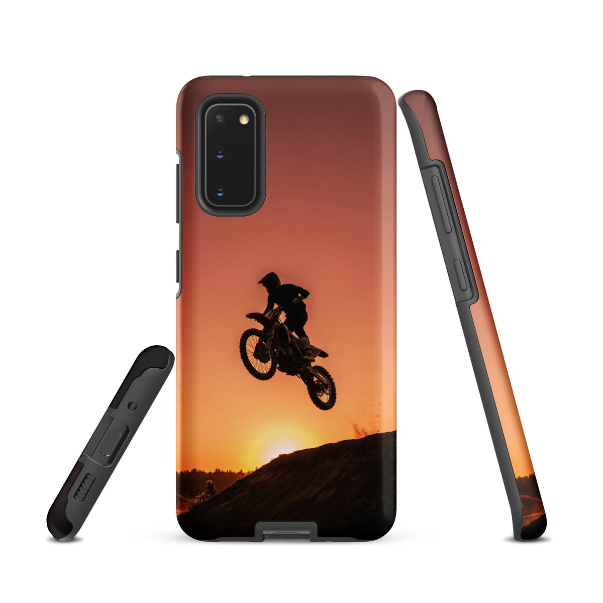 Phone Case for Samsung Galaxy with dirt bike jump silhouette against sunset design in copper and black.