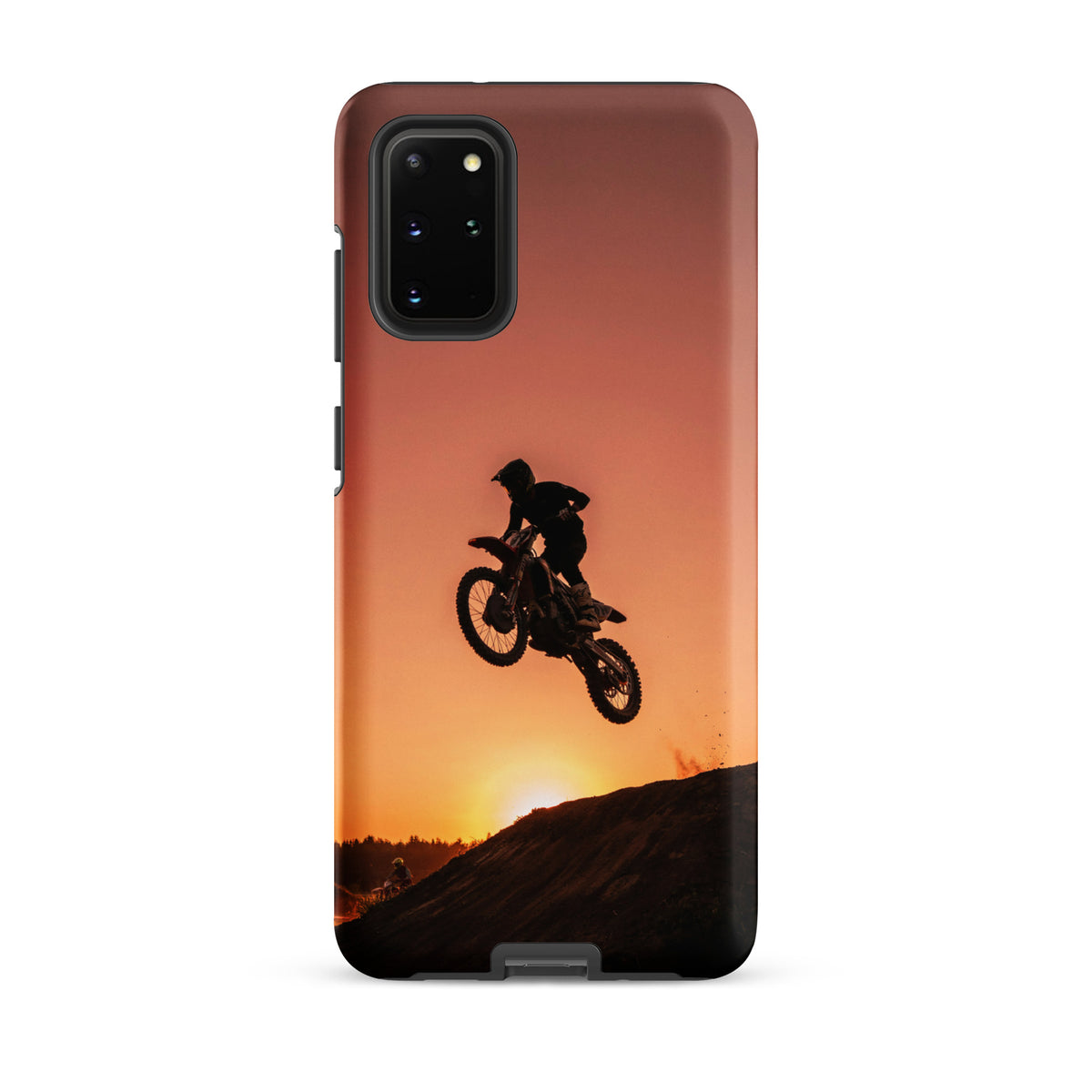 Phone Case for Samsung Galaxy with motocross sunset design featuring a dirt bike jump against a glowing sky.