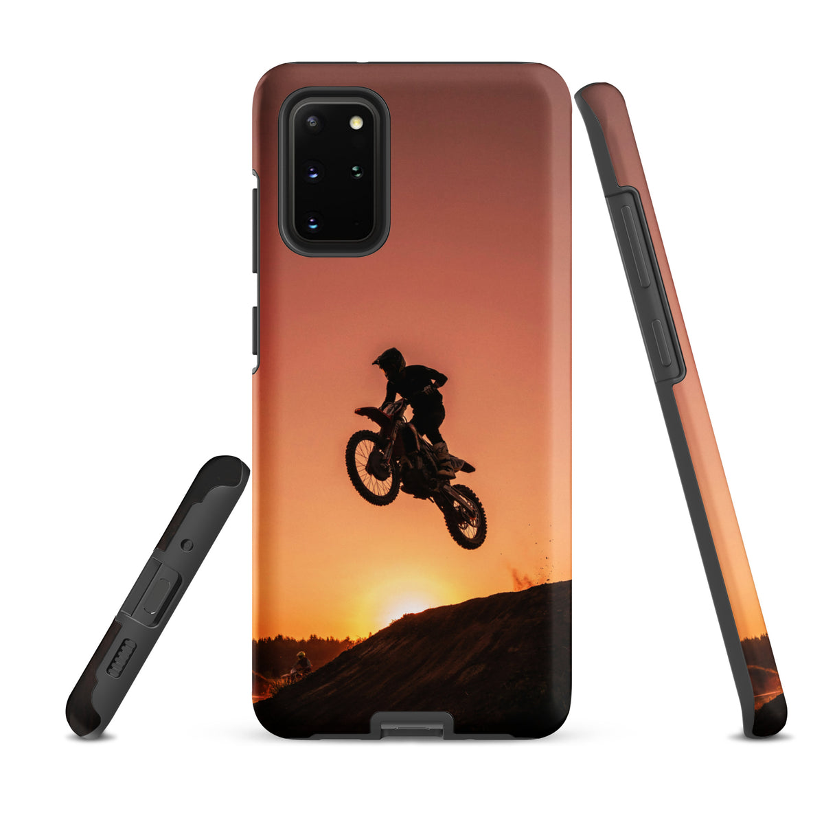 Phone Case for Samsung Galaxy featuring motocross sunset dirt bike design with silhouette jump against sunset backdrop.