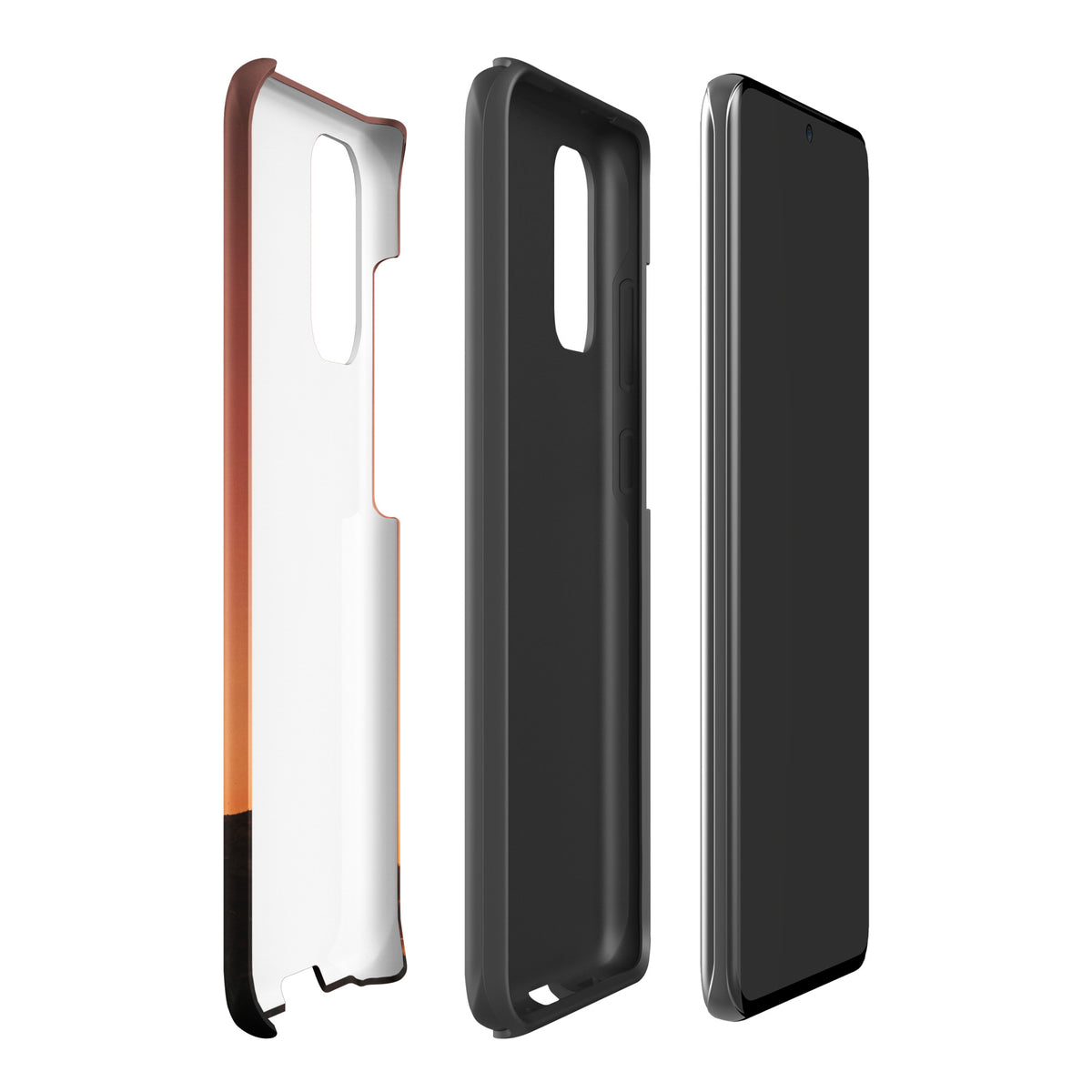 Phone Case for Samsung Galaxy with motocross sunset design, dirt bike silhouette in shades of copper, burnt orange, and black.