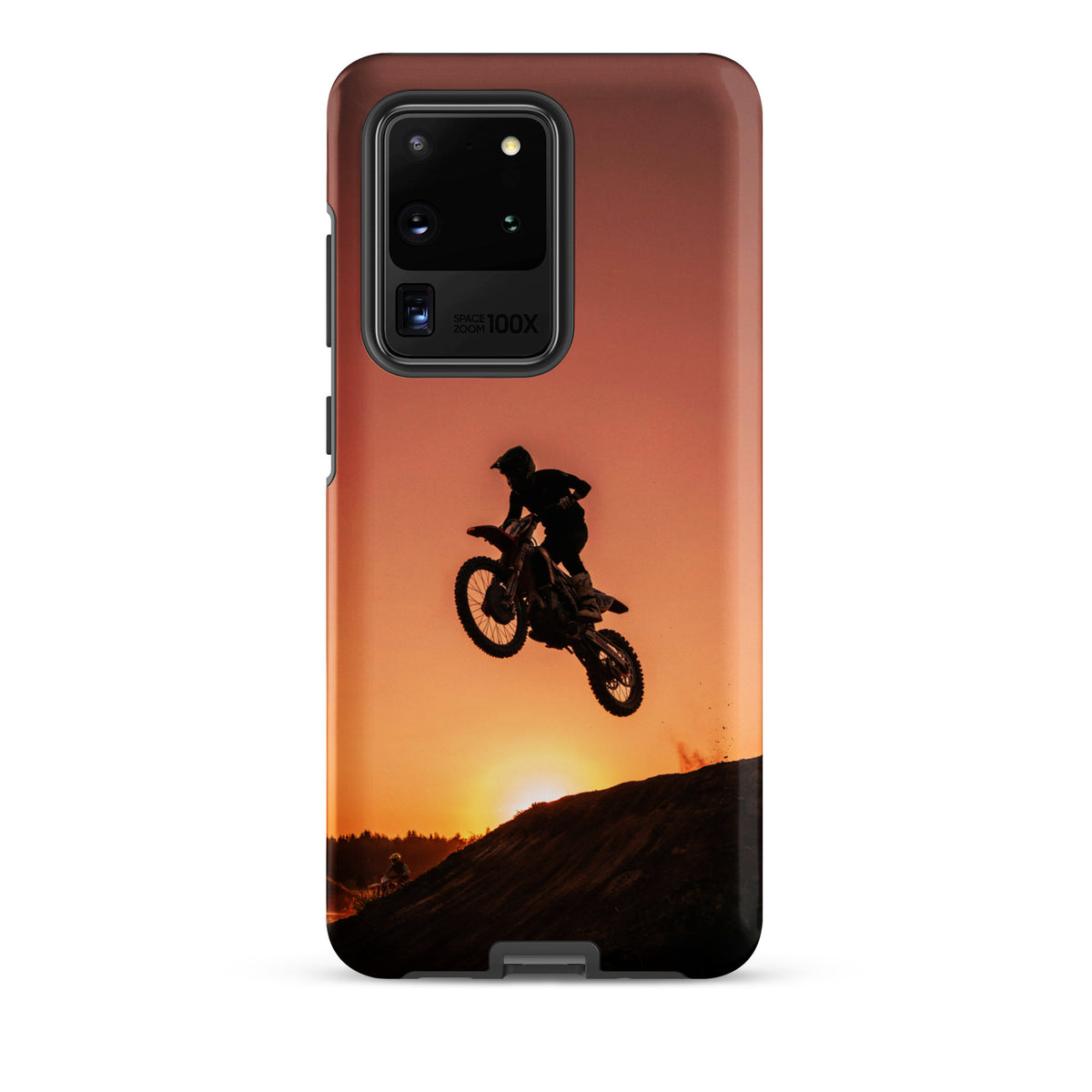 Phone Case for Samsung Galaxy with motocross sunset design featuring a dirt bike jump against a glowing orange and black backdrop.