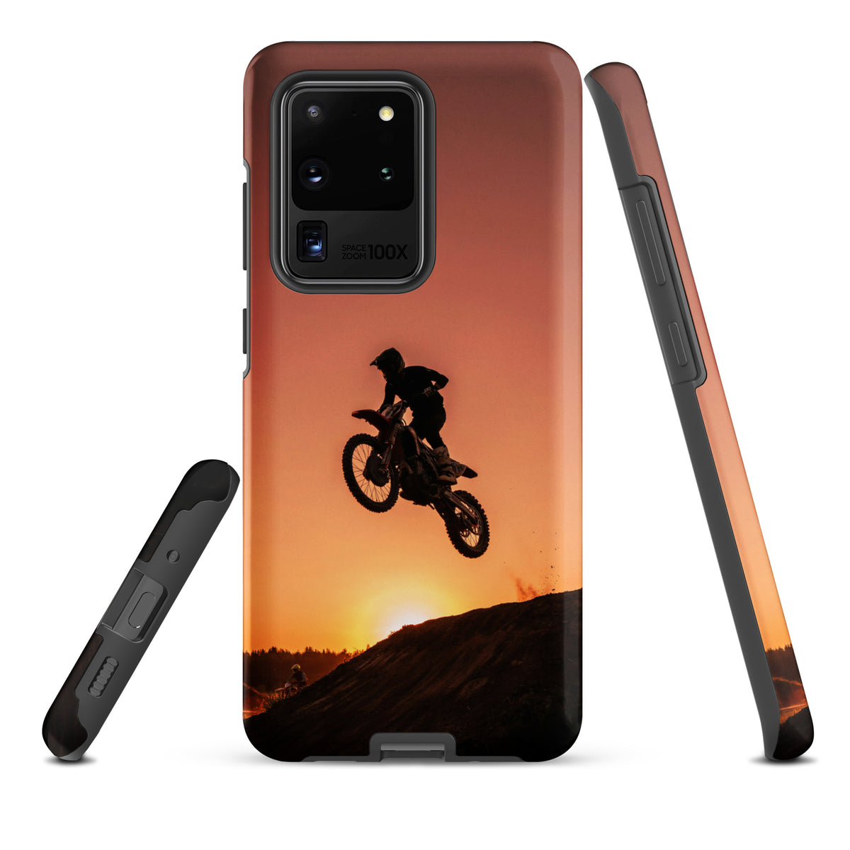 Phone Case for Samsung Galaxy with motocross sunset dirt bike design in copper and orange hues.