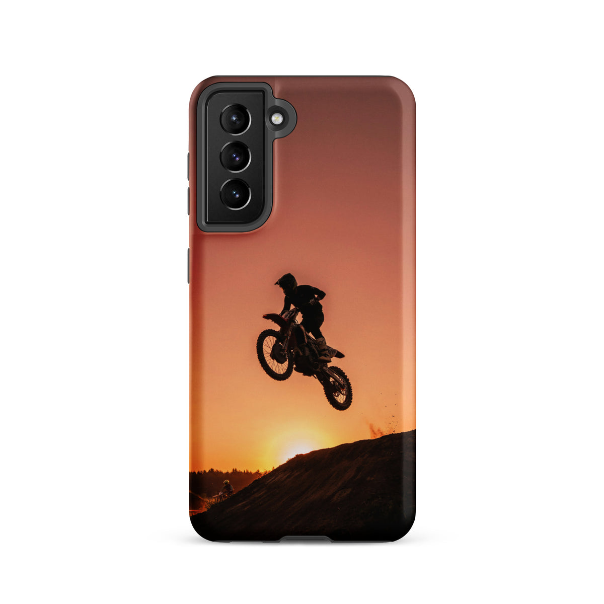 Phone Case for Samsung Galaxy with motocross sunset dirt bike design, featuring a dramatic silhouette against a glowing orange backdrop.
