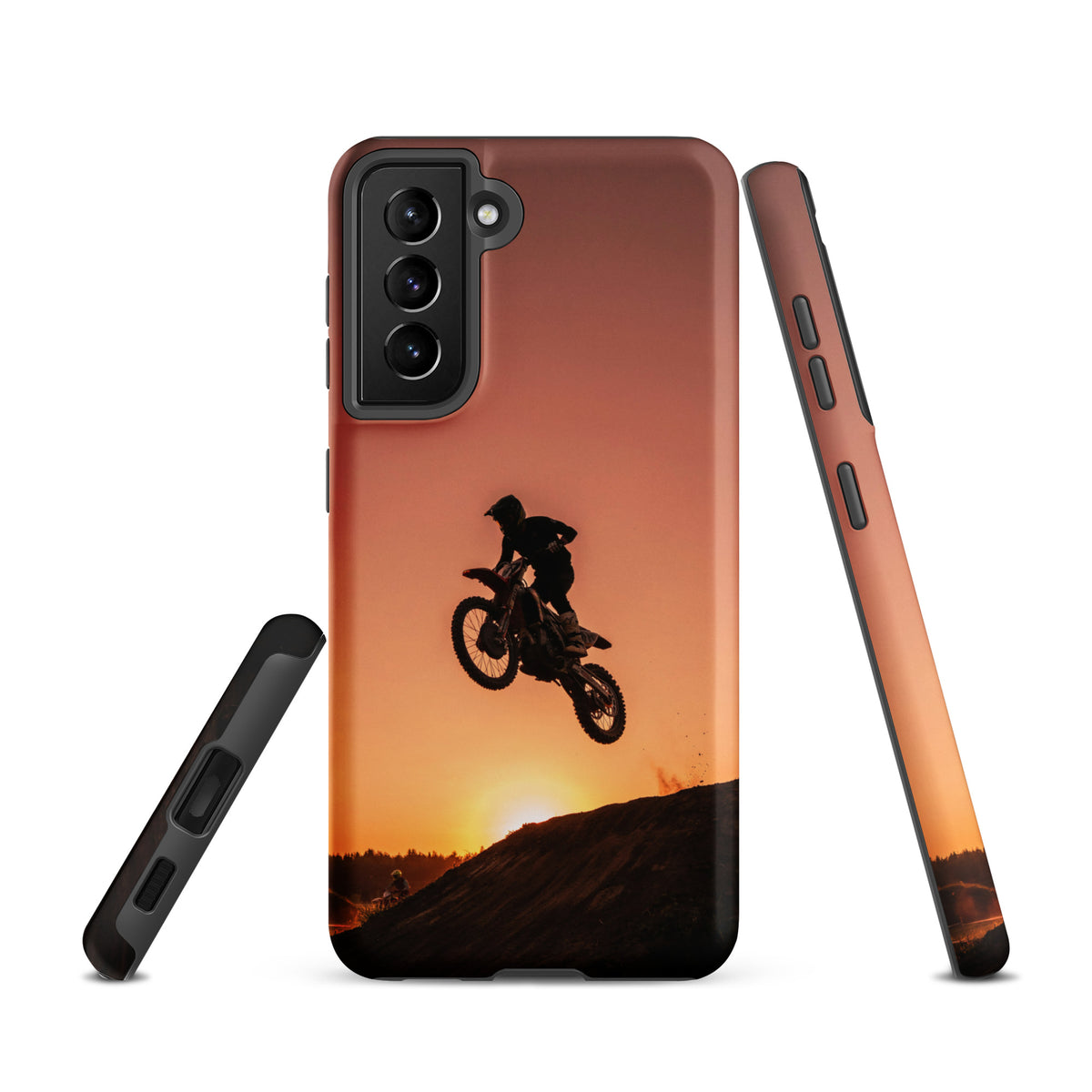 Phone Case for Samsung Galaxy featuring motocross sunset dirt bike design with a rider silhouetted against a glowing sunset.