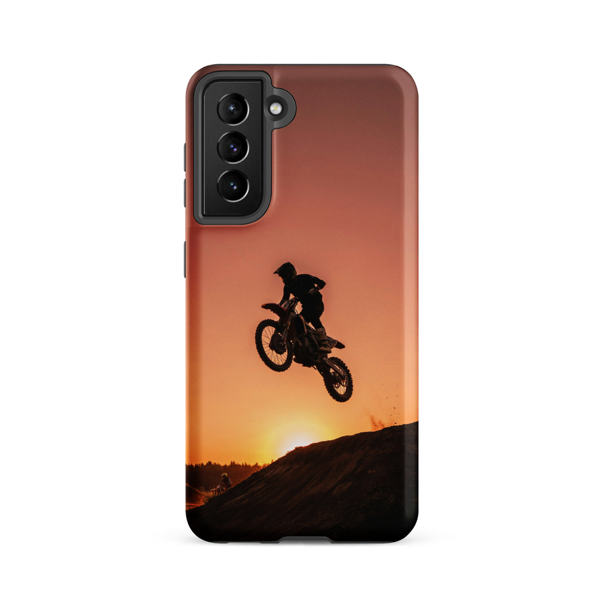 Phone Case for Samsung Galaxy featuring motocross sunset dirt bike design with copper and gold hues.