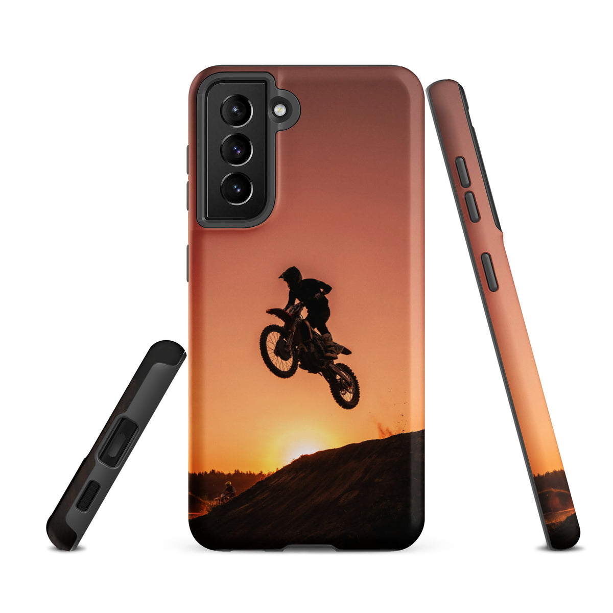 Phone Case for Samsung Galaxy featuring motocross sunset dirt bike jump design in copper and orange hues