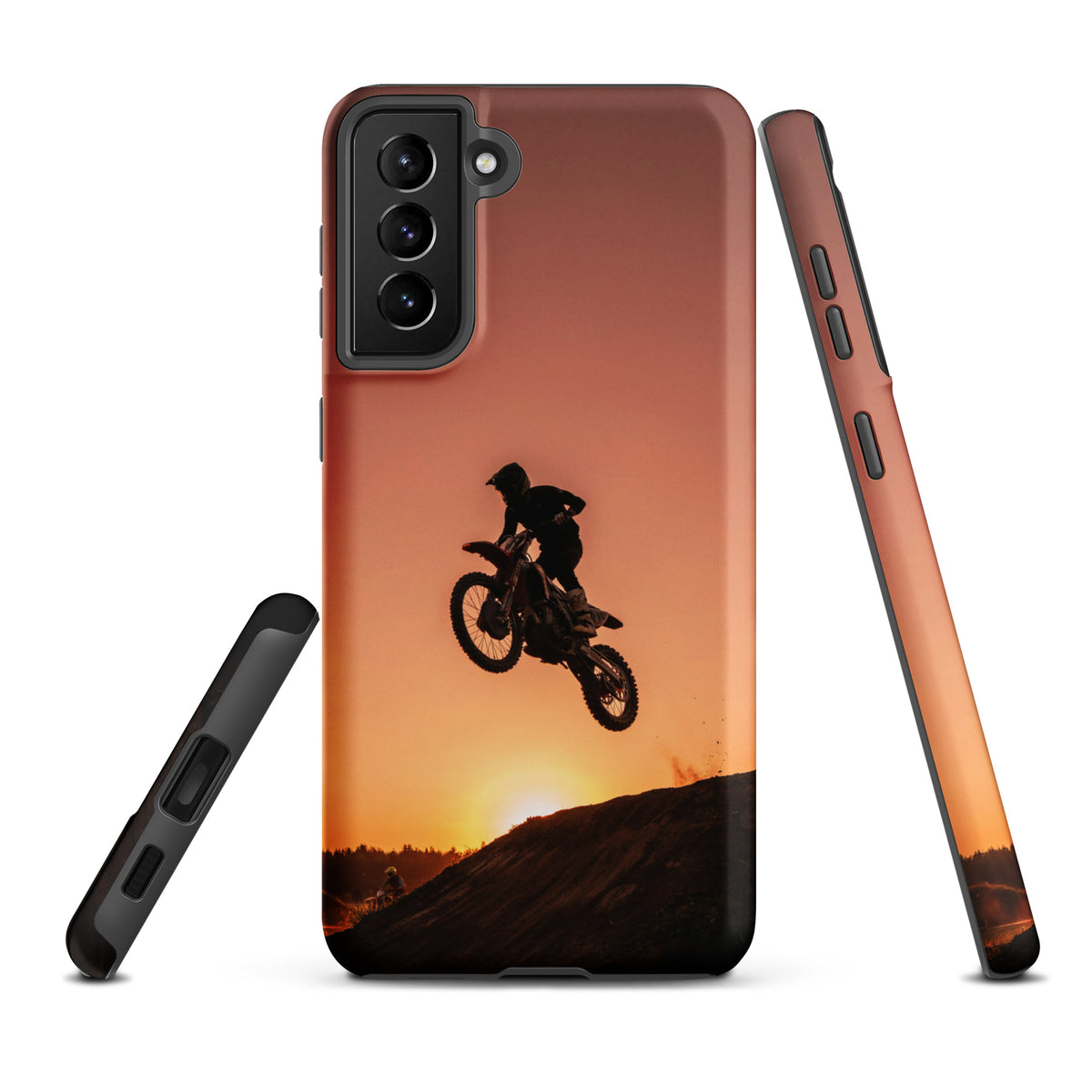 Phone Case for Samsung Galaxy with motocross sunset and dirt bike design, featuring a rider silhouetted against a vibrant sunset.