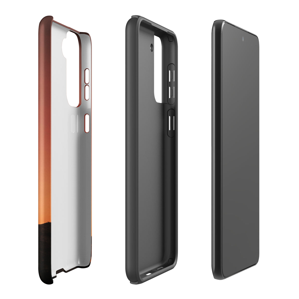 Phone Case for Samsung Galaxy with motocross dirt bike design in sunset colors, showcasing three angles of rugged style.