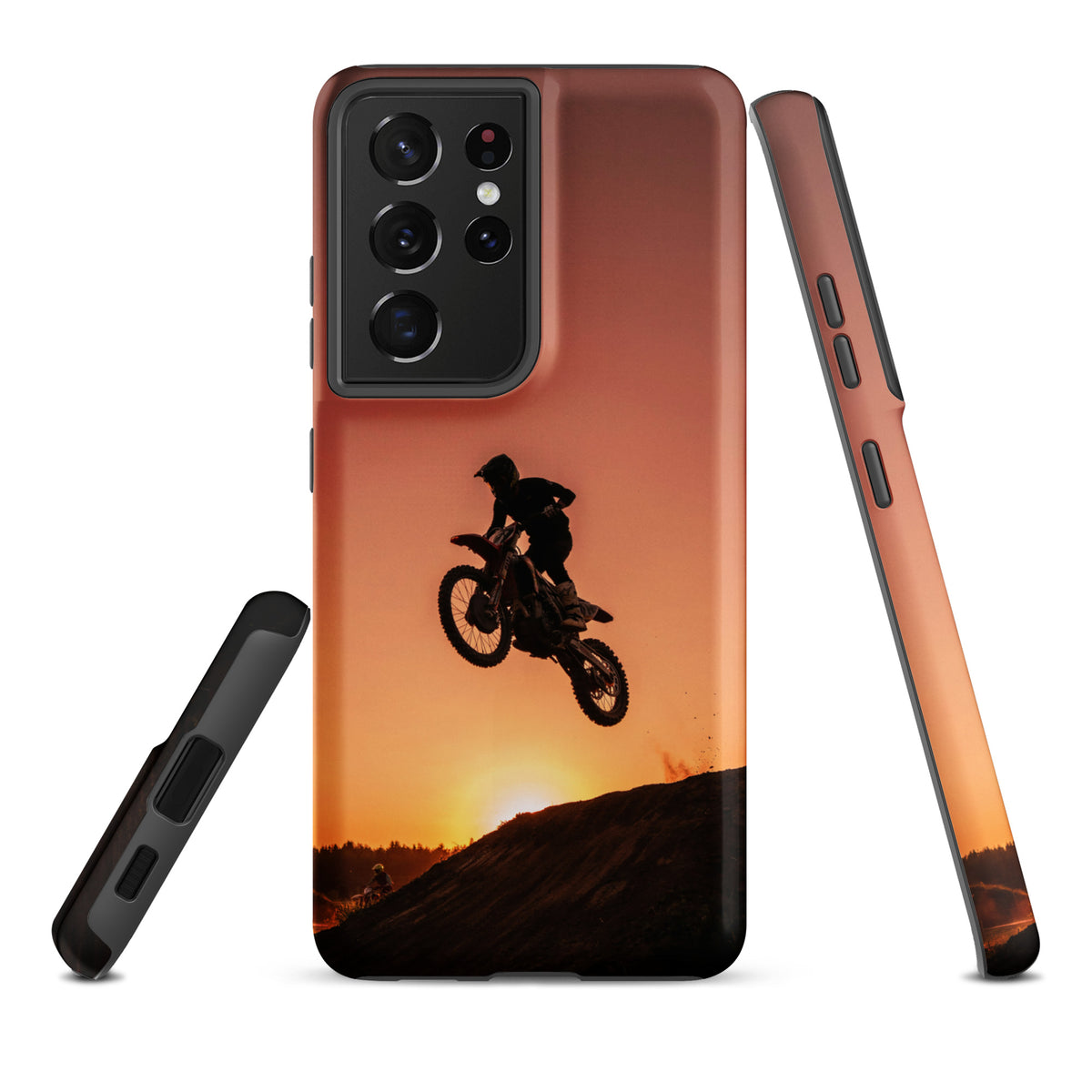 Phone Case for Samsung Galaxy with motocross sunset dirt bike design, featuring a silhouette jump against a glowing copper sunset.
