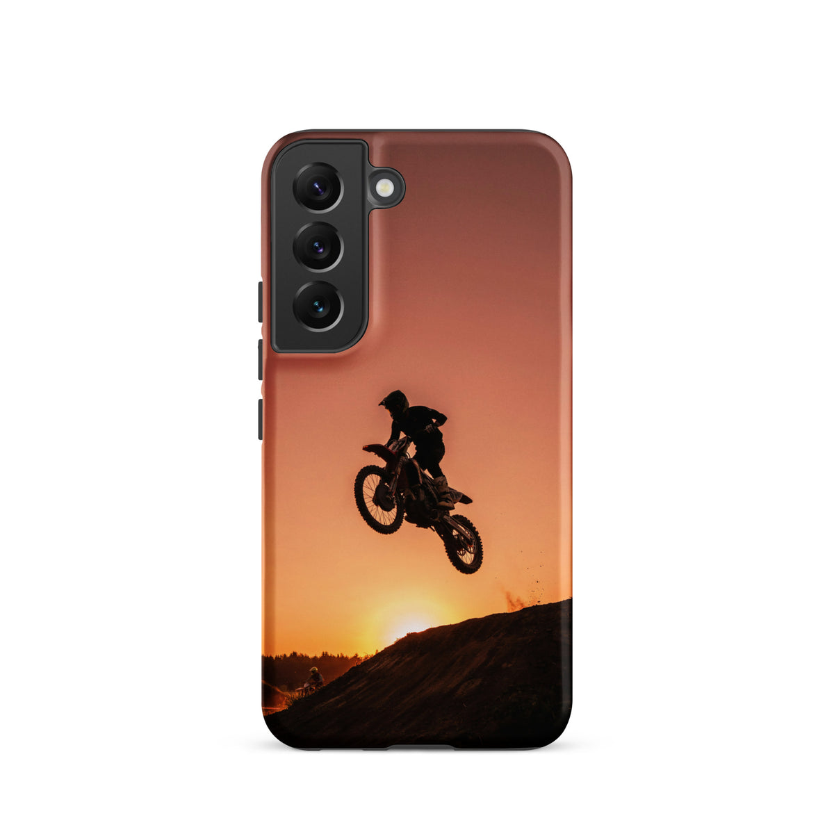 Phone Case with motocross sunset dirt bike design for Samsung Galaxy, featuring orange and black shades and a thrilling jump.