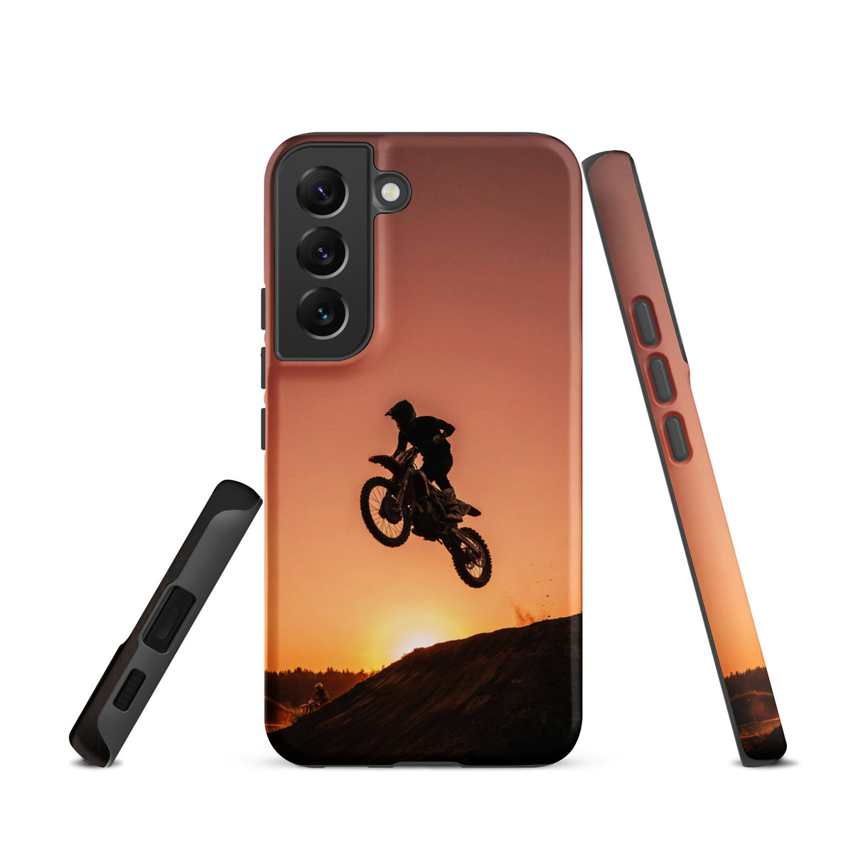 Phone Case for Samsung Galaxy featuring motocross sunset dirt bike design with copper and black colors against a glowing sunset.