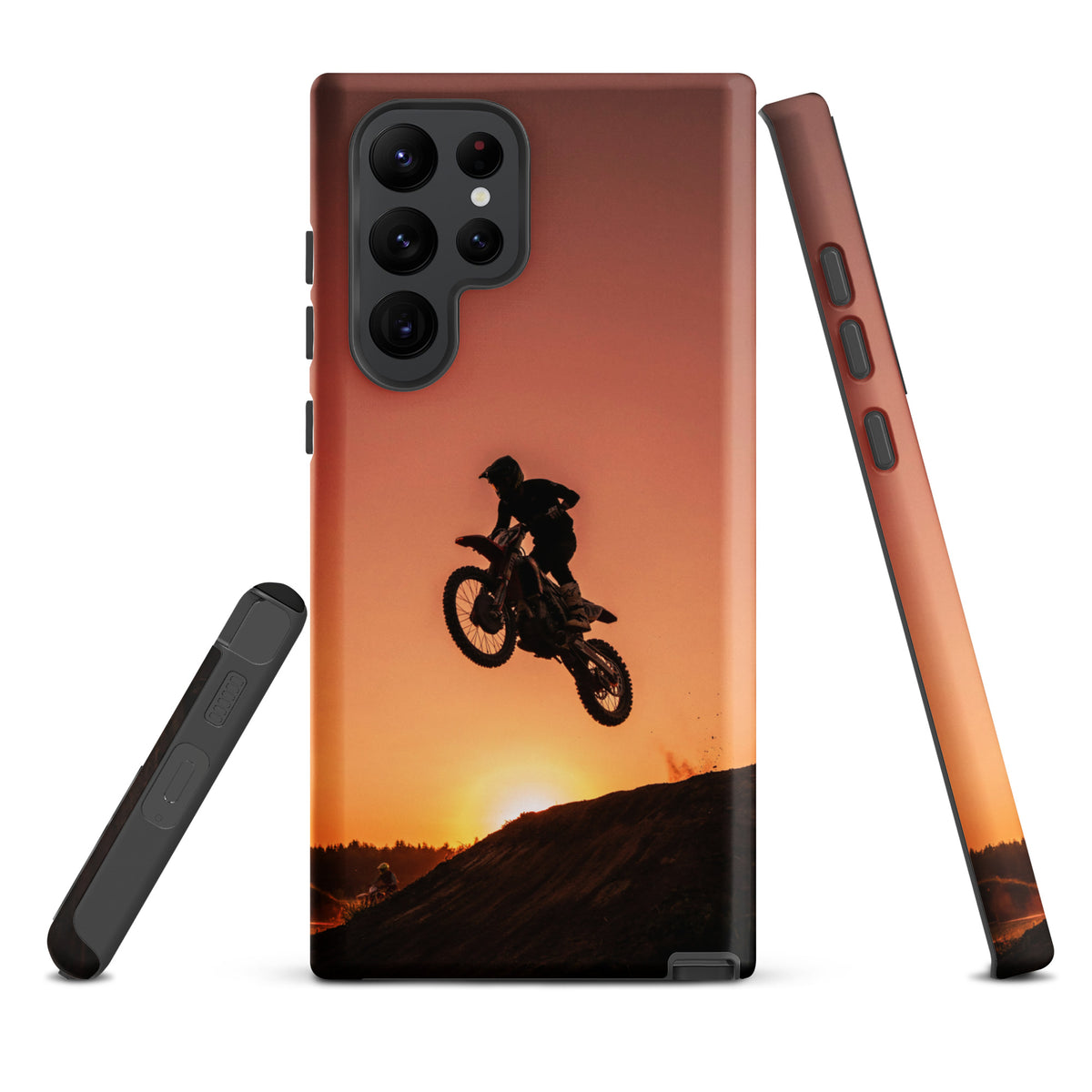 Phone Case for Samsung Galaxy with motocross sunset dirt bike design, featuring a dramatic jump against a glowing sunset background.