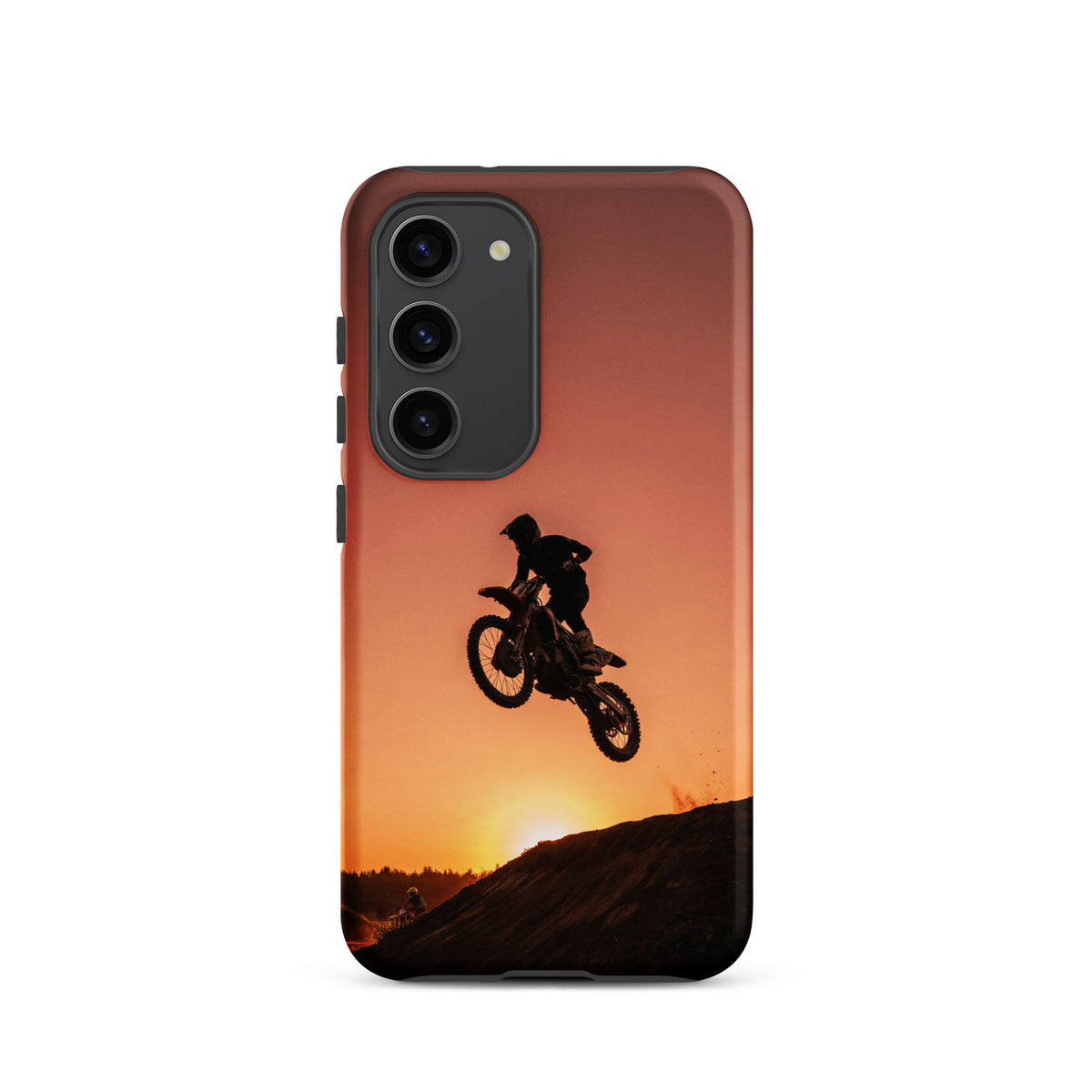 Phone Case for Samsung Galaxy featuring motocross dirt bike jump at sunset in copper and gold hues