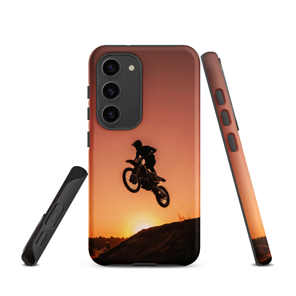 Phone Case for Samsung Galaxy with motocross sunset dirt bike design, featuring a dirt bike silhouette against a glowing sunset.