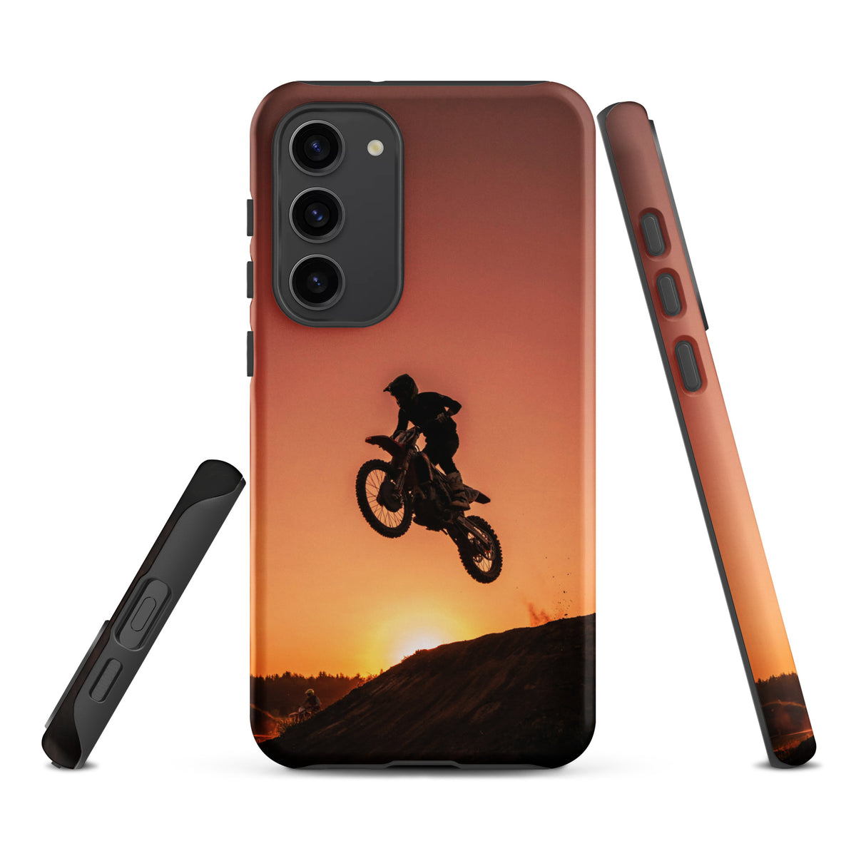 Phone Case for Samsung Galaxy featuring motocross sunset dirt bike design with dramatic copper and orange hues.